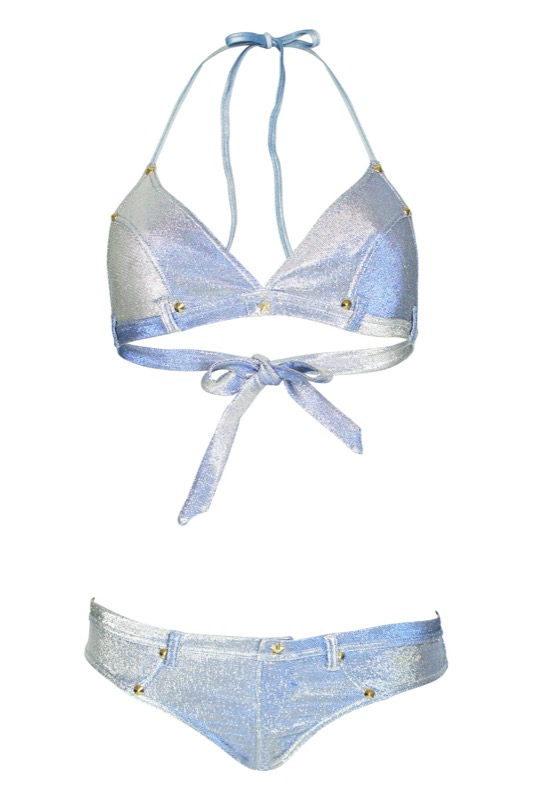 Denim metallic triangle bikini in light-blue