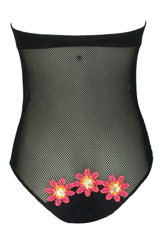 Bandeau Swimsuit in net look and floral embroidery