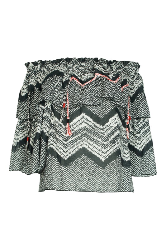 Printed off-the-shoulder top with braided details in black