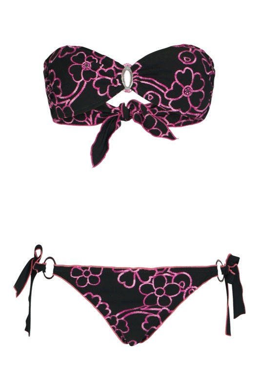 Padded bandeau bikini with floral embroidery in black