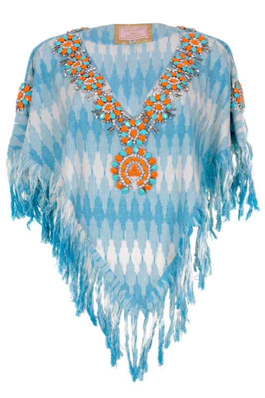 Embroidered poncho with fringes