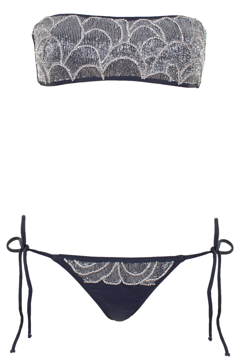 Embroidered bandeau bikini with silver-coloured pearls on navy