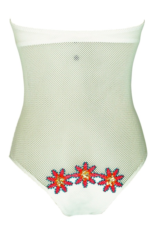 Bandeau Swimsuit in net look and floral embroidery