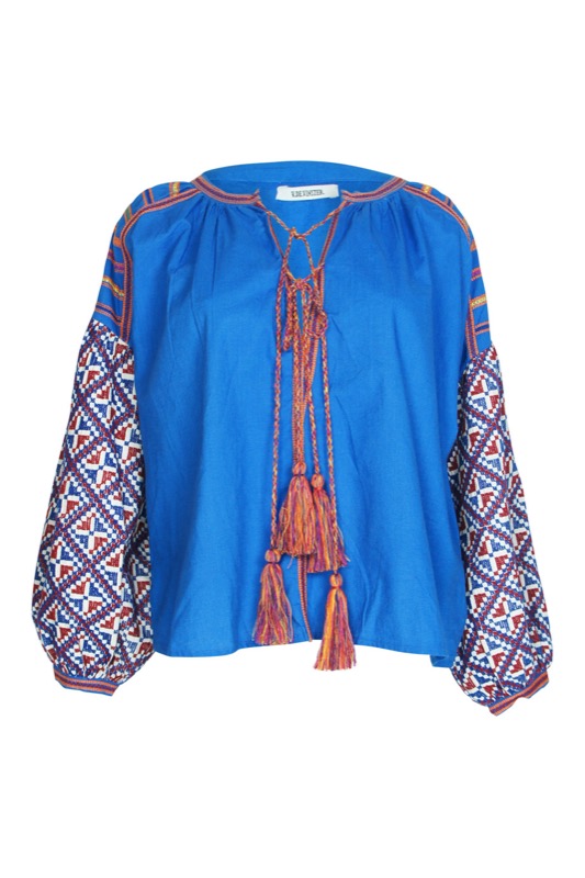 Balloon blouse blue with embroidery