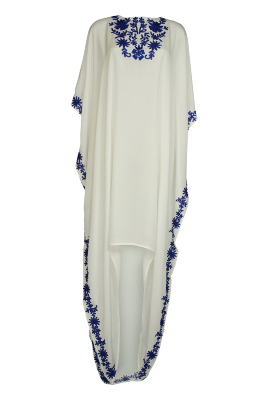 White silk caftan with blue embroidery